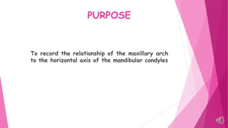 PURPOSE
To record the relationship of the maxillary arch
to the horizontal axis of the mandibular condyles
 