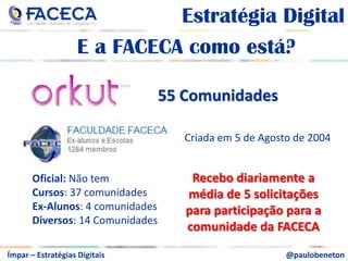 aEstratégia DigitalaRanking da Mídias Sociais no Brasil1ºa2º26 milhões3º20 milhões4º9.8 milhões5º9.6 milhões5.5 milhõesFonte: Censo2010 | Ibope Net Ratings | F/Nazcaa@paulobenetonÍmpar – Estratégias Digitais