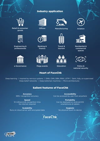 Industry application
Engineering &
professionals
Banking &
ﬁnance
Travel &
tourism
Residential &
commercial
spaces
Police &
national security
EducationMega eventse-Governance
Heart of FaceChk
Deep learning | Inspired by nervous systems | DNN, CNN, DBN, RNN, LSTM | Semi, fully, un-supervised
Deep belief networks | Deep boltzman machines | Micro-architectures
Accuracy
99%+ recognition accuracy
Speed
10 milliseconds recognition time
No internet required
Scalability
Runs on cloud server with encrypted data
Accessibility
Can be accessed by user from anywhere
Portability
Can be deployed on android/iOS
smartphones & tablets
Hygienic
No physical touch to device
Retail & consumer
goods
ManufacturingOfﬁces Aviation
Salient features of FaceChk
Contact us for Any assistance:
7890019076, 9830665397,
8961182794, 9830017040
Email: info@primeinfoserv.com
 