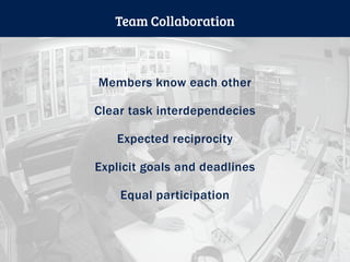 Members know each other
Clear task interdependecies
Expected reciprocity
Explicit goals and deadlines
Equal participation
Team Collaboration
 