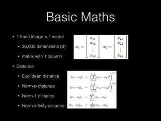 Basic Maths
• 1 Face image = 1 vector
• 36,000 dimensions (d)
• matrix with 1 column
• Distance
• Euclidean distance
• Norm-p distance
• Norm-1 distance
• Norm-inﬁnity distance
 