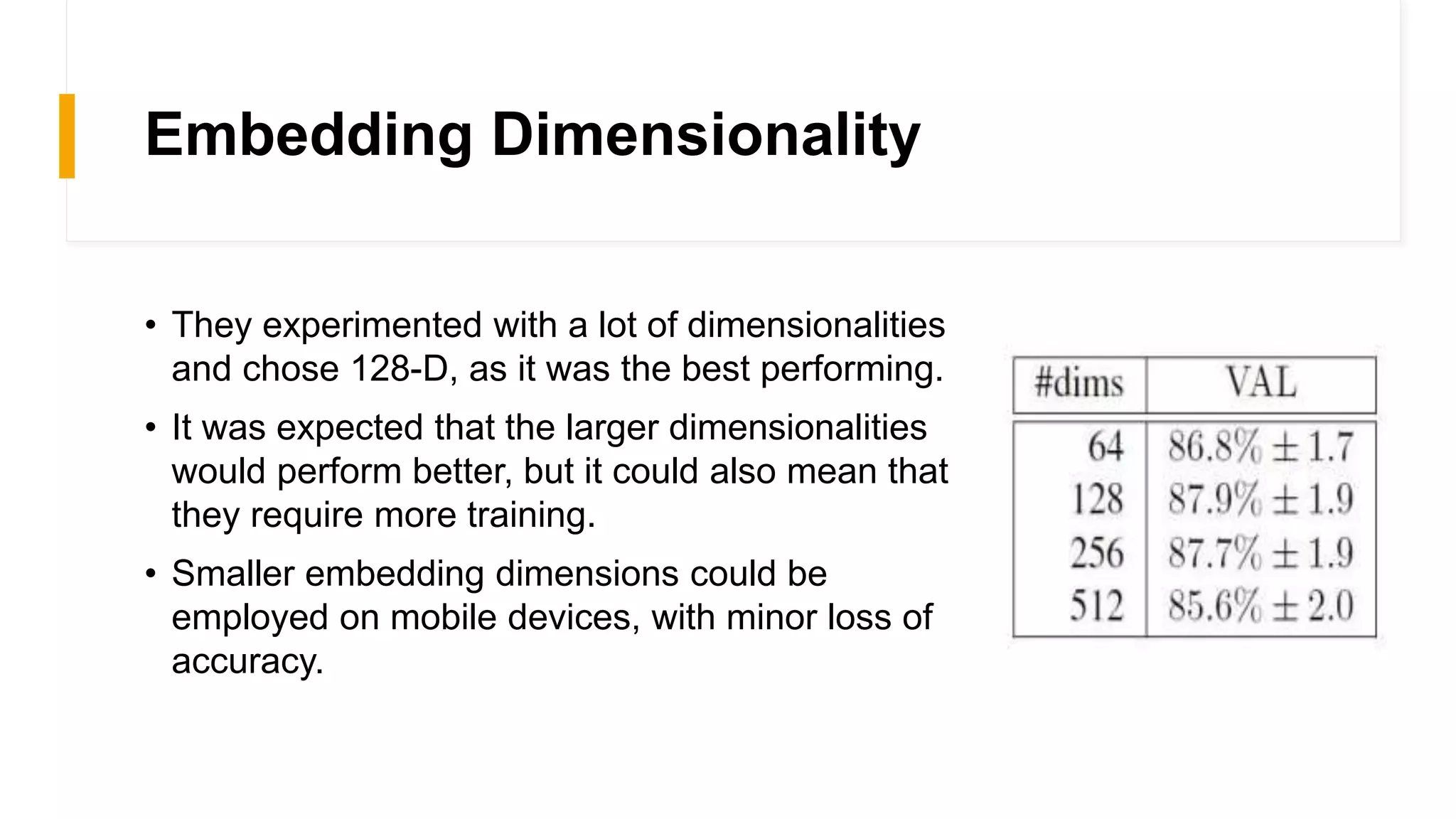 Embedding Dimensionality
• They experimented with a lot of dimensionalities
and chose 128-D, as it was the best performing.
• It was expected that the larger dimensionalities
would perform better, but it could also mean that
they require more training.
• Smaller embedding dimensions could be
employed on mobile devices, with minor loss of
accuracy.
 