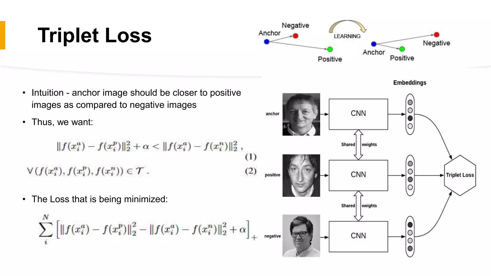 Triplet Loss
• Intuition - anchor image should be closer to positive
images as compared to negative images
• Thus, we want:
• The Loss that is being minimized:
 