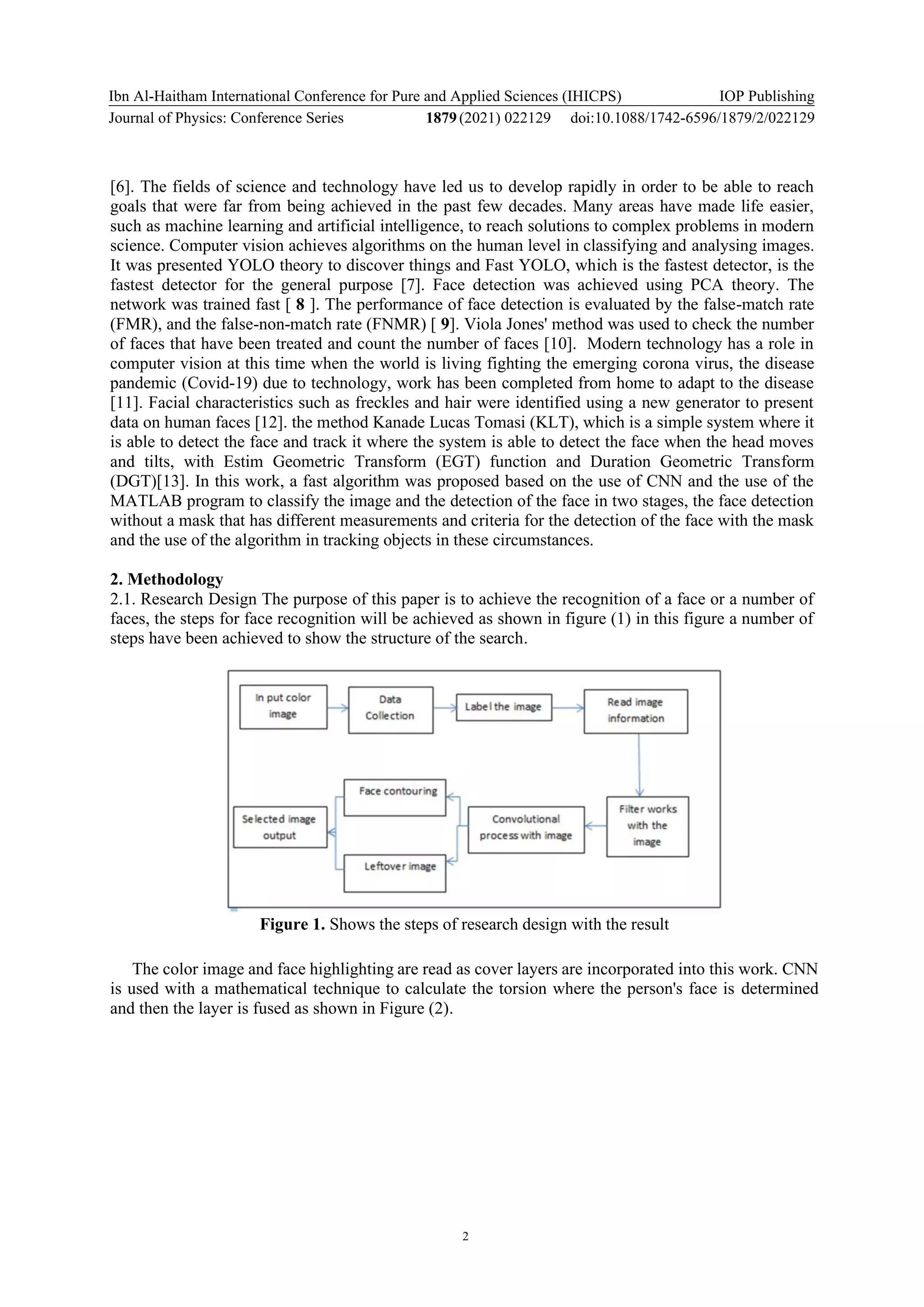 Ibn Al-Haitham International Conference for Pure and Applied Sciences (IHICPS)
Journal of Physics: Conference Series 1879(2021) 022129
IOP Publishing
doi:10.1088/1742-6596/1879/2/022129
2
[6]. The fields of science and technology have led us to develop rapidly in order to be able to reach
goals that were far from being achieved in the past few decades. Many areas have made life easier,
such as machine learning and artificial intelligence, to reach solutions to complex problems in modern
science. Computer vision achieves algorithms on the human level in classifying and analysing images.
It was presented YOLO theory to discover things and Fast YOLO, which is the fastest detector, is the
fastest detector for the general purpose [7]. Face detection was achieved using PCA theory. The
network was trained fast [ 8 ]. The performance of face detection is evaluated by the false-match rate
(FMR), and the false-non-match rate (FNMR) [ 9]. Viola Jones' method was used to check the number
of faces that have been treated and count the number of faces [10]. Modern technology has a role in
computer vision at this time when the world is living fighting the emerging corona virus, the disease
pandemic (Covid-19) due to technology, work has been completed from home to adapt to the disease
[11]. Facial characteristics such as freckles and hair were identified using a new generator to present
data on human faces [12]. the method Kanade Lucas Tomasi (KLT), which is a simple system where it
is able to detect the face and track it where the system is able to detect the face when the head moves
and tilts, with Estim Geometric Transform (EGT) function and Duration Geometric Transform
(DGT)[13]. In this work, a fast algorithm was proposed based on the use of CNN and the use of the
MATLAB program to classify the image and the detection of the face in two stages, the face detection
without a mask that has different measurements and criteria for the detection of the face with the mask
and the use of the algorithm in tracking objects in these circumstances.
2. Methodology
2.1. Research Design The purpose of this paper is to achieve the recognition of a face or a number of
faces, the steps for face recognition will be achieved as shown in figure (1) in this figure a number of
steps have been achieved to show the structure of the search.
Figure 1. Shows the steps of research design with the result
The color image and face highlighting are read as cover layers are incorporated into this work. CNN
is used with a mathematical technique to calculate the torsion where the person's face is determined
and then the layer is fused as shown in Figure (2).
 