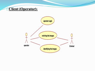 Client (Operator): 
operator Login 
retriving the images 
operator Criminal 
identifying the images 
 