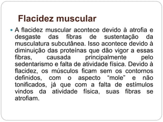 Flacidez muscular
 A flacidez muscular acontece devido à atrofia e
desgaste das fibras de sustentação da
musculatura subcutânea. Isso acontece devido à
diminuição das proteínas que dão vigor a essas
fibras, causada principalmente pelo
sedentarismo e falta de atividade física. Devido à
flacidez, os músculos ficam sem os contornos
definidos, com o aspecto “mole” e não
tonificados, já que com a falta de estímulos
vindos da atividade física, suas fibras se
atrofiam.
 