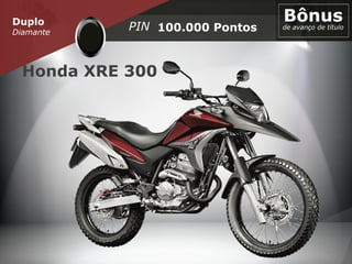 Duplo
Diamante 100.000 Pontos
Bônusde avanço de títuloPIN
Honda XRE 300
 