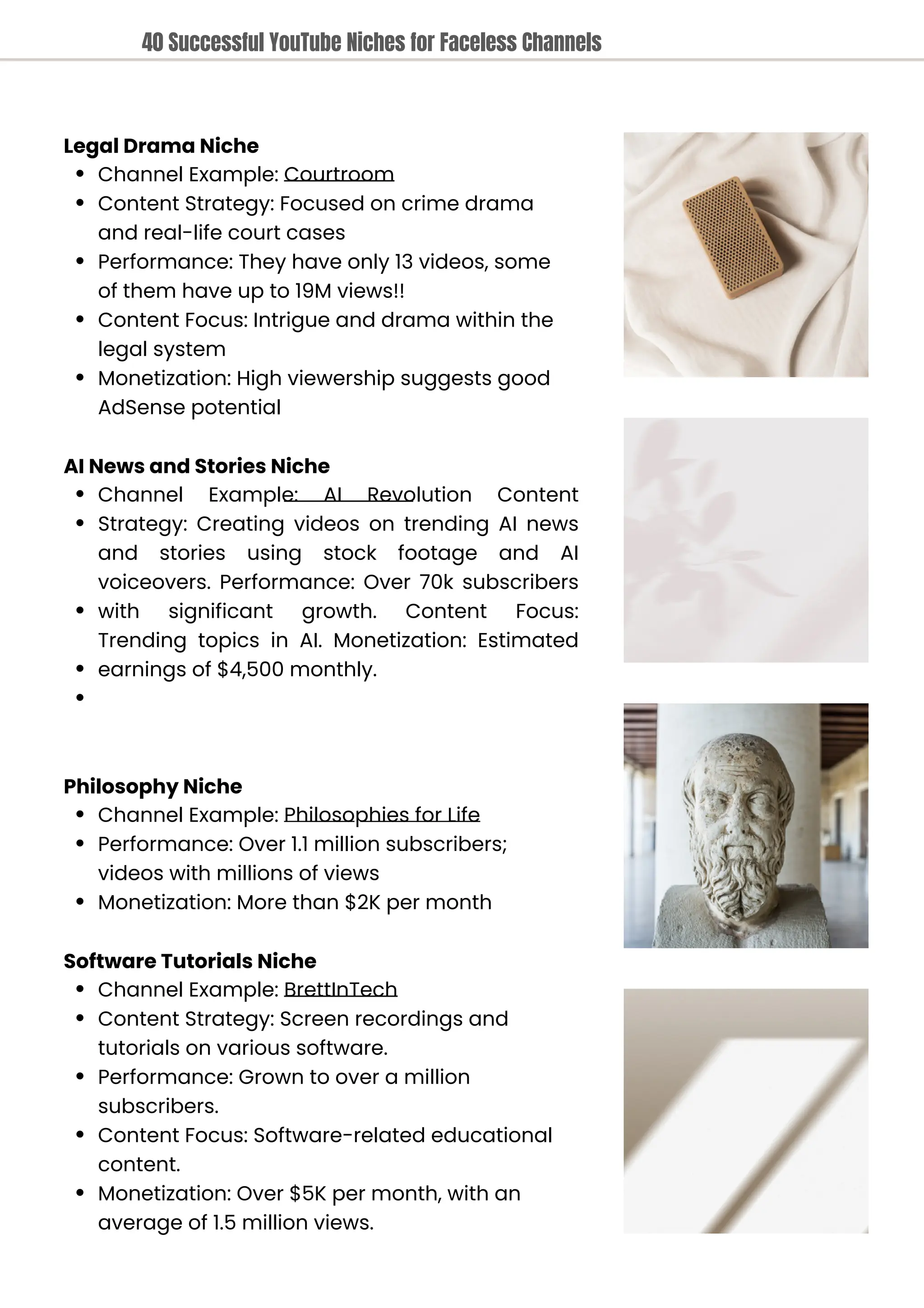 Legal Drama Niche
Channel Example: Courtroom
Content Strategy: Focused on crime drama
and real-life court cases
Performance: They have only 13 videos, some
of them have up to 19M views!!
Content Focus: Intrigue and drama within the
legal system
Monetization: High viewership suggests good
AdSense potential
AI News and Stories Niche
Channel Example: AI Revolution Content
Strategy: Creating videos on trending AI news
and stories using stock footage and AI
voiceovers. Performance: Over 70k subscribers
with significant growth. Content Focus:
Trending topics in AI. Monetization: Estimated
earnings of $4,500 monthly.
Philosophy Niche
Channel Example: Philosophies for Life
Performance: Over 1.1 million subscribers;
videos with millions of views
Monetization: More than $2K per month
Software Tutorials Niche
Channel Example: BrettInTech
Content Strategy: Screen recordings and
tutorials on various software.
Performance: Grown to over a million
subscribers.
Content Focus: Software-related educational
content.
Monetization: Over $5K per month, with an
average of 1.5 million views.
40 Successful YouTube Niches for Faceless Channels
 