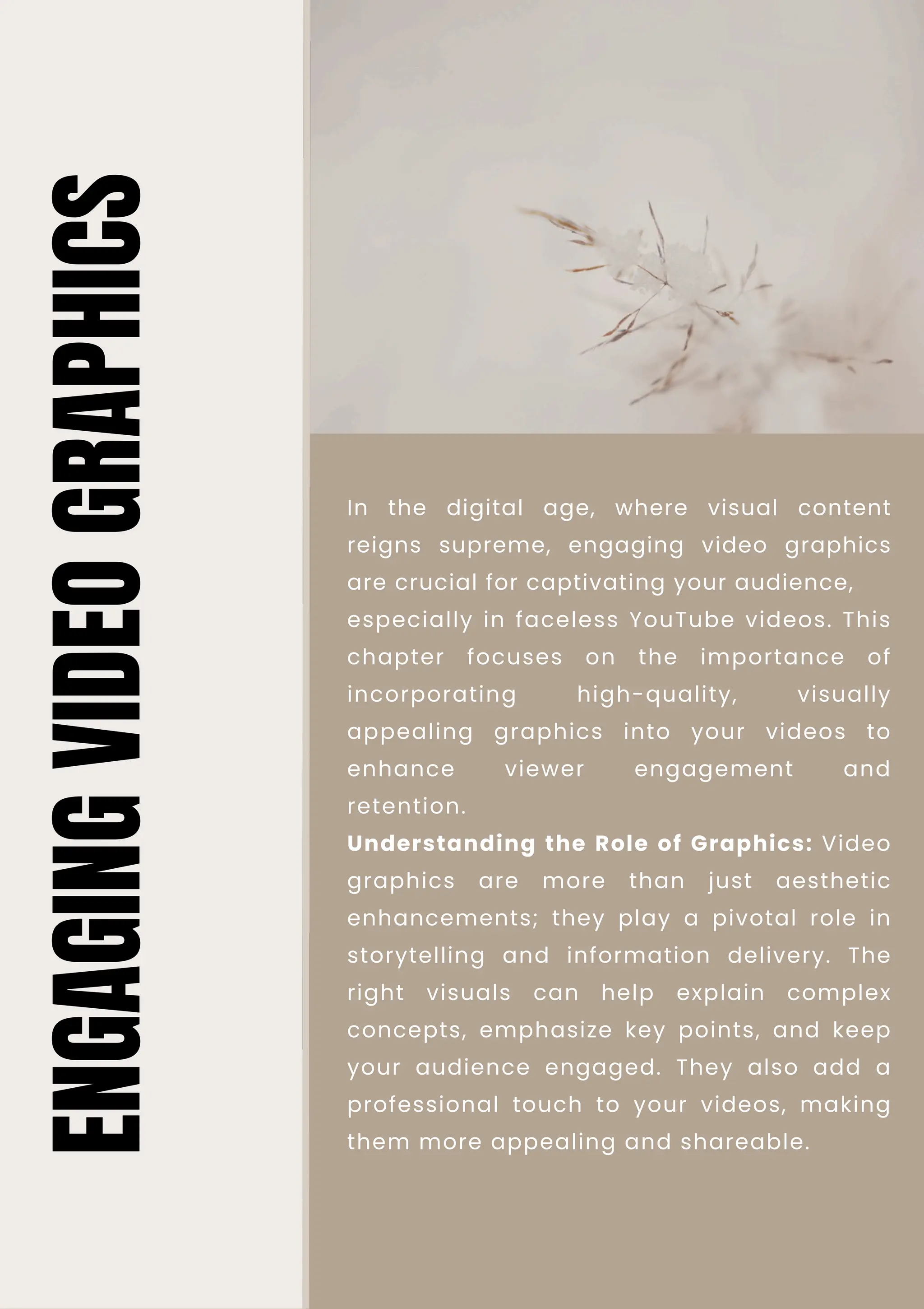 Understanding the Role of Graphics: Video
graphics are more than just aesthetic
enhancements; they play a pivotal role in
storytelling and information delivery. The
right visuals can help explain complex
concepts, emphasize key points, and keep
your audience engaged. They also add a
professional touch to your videos, making
them more appealing and shareable.
In the digital age, where visual content
reigns supreme, engaging video graphics
are crucial for captivating your audience,
especially in faceless YouTube videos. This
chapter focuses on the importance of
incorporating high-quality, visually
appealing graphics into your videos to
enhance viewer engagement and
retention.
ENGAGING
VIDEO
GRAPHICS
 