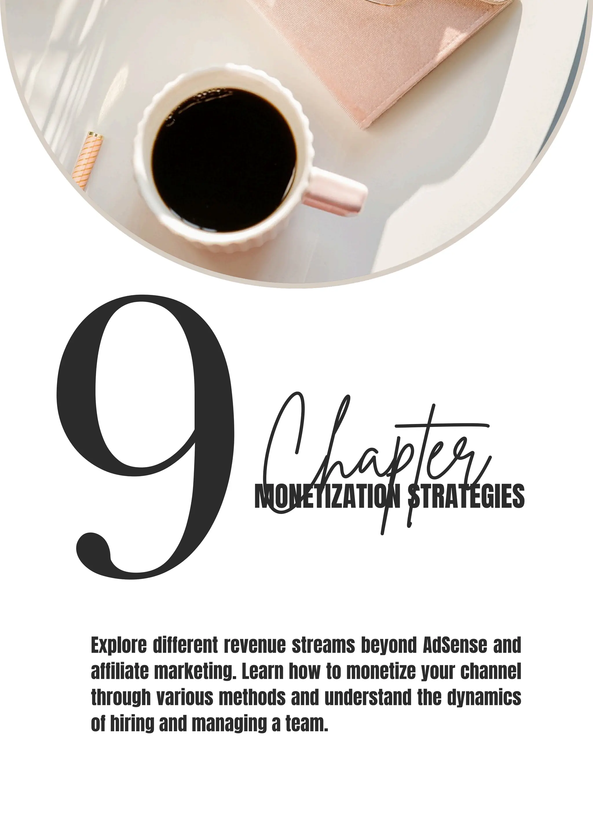 9Chapter
MONETIZATION STRATEGIES
Explore different revenue streams beyond AdSense and
affiliate marketing. Learn how to monetize your channel
through various methods and understand the dynamics
of hiring and managing a team.
 