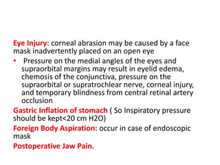 Eye Injury: corneal abrasion may be caused by a face
mask inadvertently placed on an open eye
• Pressure on the medial angles of the eyes and
supraorbital margins may result in eyelid edema,
chemosis of the conjunctiva, pressure on the
supraorbital or supratrochlear nerve, corneal injury,
and temporary blindness from central retinal artery
occlusion
Gastric Inflation of stomach ( So Inspiratory pressure
should be kept<20 cm H2O)
Foreign Body Aspiration: occur in case of endoscopic
mask
Postoperative Jaw Pain.
 
