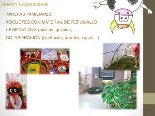 TAREFAS FAMILIARES
XOGUETES CON MATERIAL DE REFUGALLO
APORTACIÓNS (plantas, guppies,…)
COLABORACIÓN (plantación, xardíns, xogos…)
ABERTO Á COMUNIDADE
 