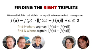 FINDING THE RIGHT TRIPLETS
We need triplets that violate the equation to ensure fast convergance
𝑓 𝑎 − 𝑓(𝑝) - 𝑓 𝑎 − 𝑓(𝑛) + α ≤ 0
find P where argmax( 𝑓 𝑎 − 𝑓(𝑝) )
find N where argmin( 𝑓 𝑎 − 𝑓(𝑛) )
 
