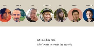 FRANCOIS
Let’s not hire him,
I don’t want to retrain the network
TIMTESS TEMPEST YANASIMON CHRIS
 