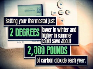 Setting your thermostat just 2 DEGREES
lower in winter and higher in summer could
save about 2,000 pounds of carbon dioxid...