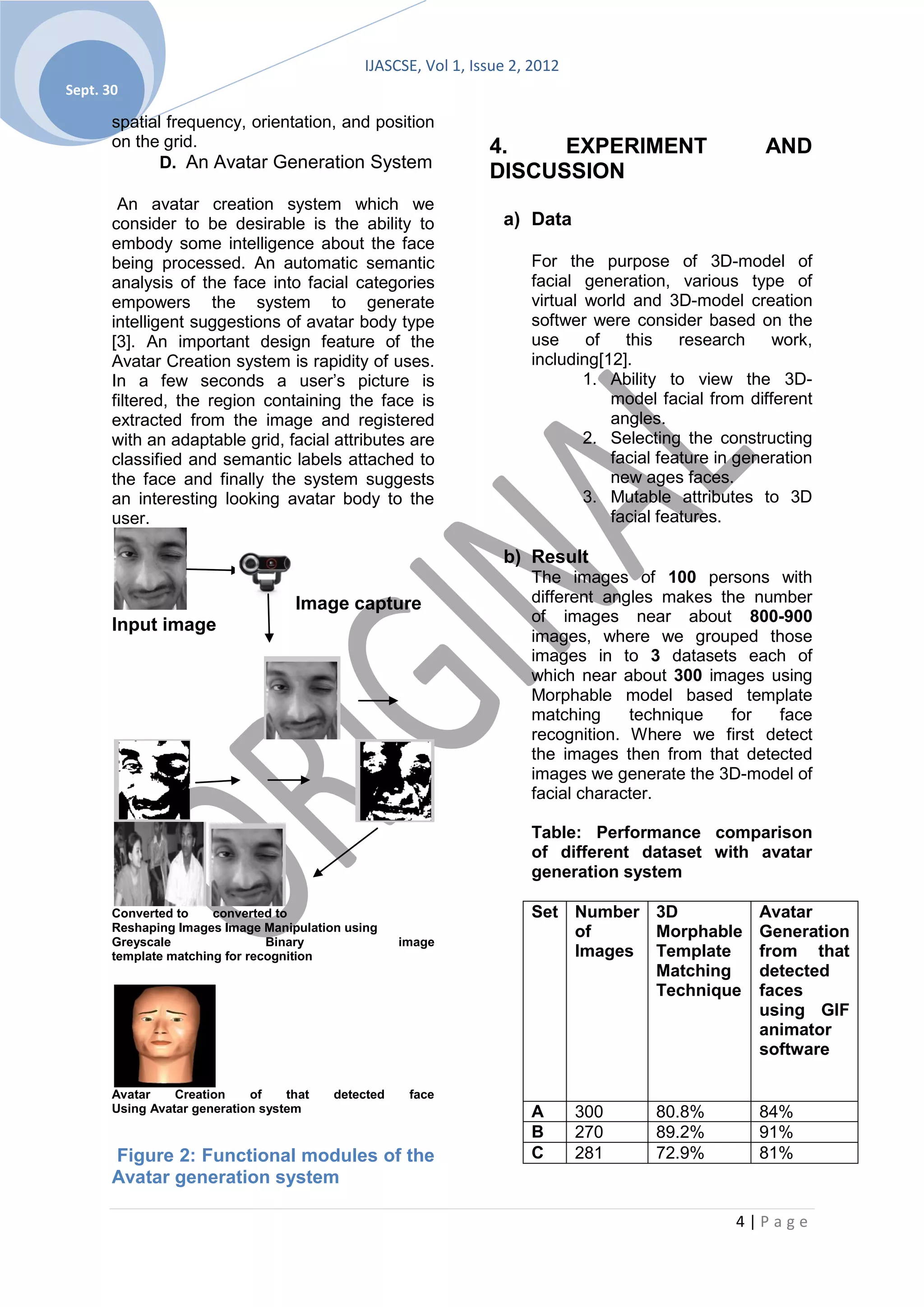 IJASCSE, Vol 1, Issue 2, 2012
Sept. 30

       spatial frequency, orientation, and position
       on the grid.                                             4.    EXPERIMENT                      AND
              D. An Avatar Generation System
                                                                DISCUSSION
        An avatar creation system which we
       consider to be desirable is the ability to                 a) Data
       embody some intelligence about the face
       being processed. An automatic semantic                         For the purpose of 3D-model of
       analysis of the face into facial categories                    facial generation, various type of
       empowers the system to generate                                virtual world and 3D-model creation
       intelligent suggestions of avatar body type                    softwer were consider based on the
       [3]. An important design feature of the                        use     of   this    research    work,
       Avatar Creation system is rapidity of uses.                    including[12].
       In a few seconds a user’s picture is                                   1. Ability to view the 3D-
       filtered, the region containing the face is                               model facial from different
       extracted from the image and registered                                   angles.
       with an adaptable grid, facial attributes are                          2. Selecting the constructing
       classified and semantic labels attached to                                facial feature in generation
       the face and finally the system suggests                                  new ages faces.
       an interesting looking avatar body to the                              3. Mutable attributes to 3D
       user.                                                                     facial features.

                                                                  b) Result
                                                                      The images of 100 persons with
                                    Image capture                     different angles makes the number
                                                                      of images near about 800-900
       Input image
                                                                      images, where we grouped those
                                                                      images in to 3 datasets each of
                                                                      which near about 300 images using
                                                                      Morphable model based template
                                                                      matching     technique   for  face
                                                                      recognition. Where we first detect
                                                                      the images then from that detected
                                                                      images we generate the 3D-model of
                                                                      facial character.

                                                                      Table: Performance comparison
                                                                      of different dataset with avatar
                                                                      generation system

       Converted to    converted to                                   Set Number 3D                  Avatar
       Reshaping Images Image Manipulation using                          of     Morphable           Generation
       Greyscale                Binary               image
       template matching for recognition                                  Images Template            from that
                                                                                 Matching            detected
                                                                                 Technique           faces
                                                                                                     using GIF
                                                                                                     animator
                                                                                                     software

       Avatar    Creation    of    that   detected    face
       Using Avatar generation system                                 A       300      80.8%         84%
                                                                      B       270      89.2%         91%
       Figure 2: Functional modules of the                            C       281      72.9%         81%
       Avatar generation system

                                                                                                  4|Page
 