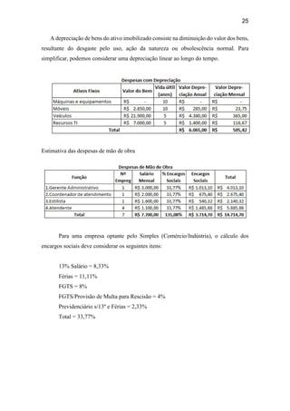 25
A depreciação de bens do ativo imobilizado consiste na diminuição do valor dos bens,
resultante do desgaste pelo uso, ação da natureza ou obsolescência normal. Para
simplificar, podemos considerar uma depreciação linear ao longo do tempo.
Estimativa das despesas de mão de obra
Para uma empresa optante pelo Simples (Comércio/Indústria), o cálculo dos
encargos sociais deve considerar os seguintes itens:
13% Salário = 8,33%
Férias = 11,11%
FGTS = 8%
FGTS/Provisão de Multa para Rescisão = 4%
Previdenciário s/13º e Férias = 2,33%
Total = 33,77%
 