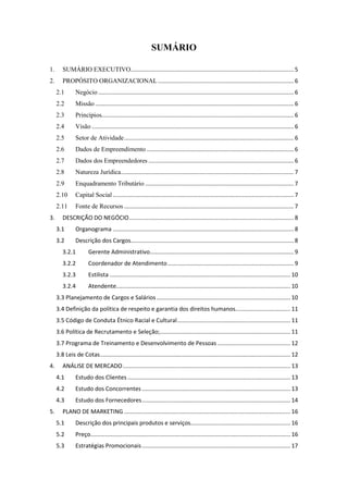 3
SUMÁRIO
1. SUMÁRIO EXECUTIVO..................................................................................................... 5
2. PROPÓSITO ORGANIZACIONAL .................................................................................... 6
2.1 Negócio ......................................................................................................................... 6
2.2 Missão ........................................................................................................................... 6
2.3 Princípios....................................................................................................................... 6
2.4 Visão ............................................................................................................................. 6
2.5 Setor de Atividade......................................................................................................... 6
2.6 Dados de Empreendimento ........................................................................................... 6
2.7 Dados dos Empreendedores .......................................................................................... 6
2.8 Natureza Jurídica........................................................................................................... 7
2.9 Enquadramento Tributário ............................................................................................ 7
2.10 Capital Social ................................................................................................................ 7
2.11 Fonte de Recursos ......................................................................................................... 7
3. DESCRIÇÃO DO NEGÓCIO...................................................................................................... 8
3.1 Organograma ................................................................................................................ 8
3.2 Descrição dos Cargos..................................................................................................... 8
3.2.1 Gerente Administrativo......................................................................................... 9
3.2.2 Coordenador de Atendimento.............................................................................. 9
3.2.3 Estilista ................................................................................................................ 10
3.2.4 Atendente............................................................................................................ 10
3.3 Planejamento de Cargos e Salários................................................................................... 10
3.4 Definição da política de respeito e garantia dos direitos humanos.................................. 11
3.5 Código de Conduta Étnico Racial e Cultural...................................................................... 11
3.6 Política de Recrutamento e Seleção;................................................................................. 11
3.7 Programa de Treinamento e Desenvolvimento de Pessoas ............................................. 12
3.8 Leis de Cotas...................................................................................................................... 12
4. ANÁLISE DE MERCADO........................................................................................................ 13
4.1 Estudo dos Clientes..................................................................................................... 13
4.2 Estudo dos Concorrentes ............................................................................................ 13
4.3 Estudo dos Fornecedores............................................................................................ 14
5. PLANO DE MARKETING ....................................................................................................... 16
5.1 Descrição dos principais produtos e serviços.............................................................. 16
5.2 Preço............................................................................................................................ 16
5.3 Estratégias Promocionais............................................................................................ 17
 