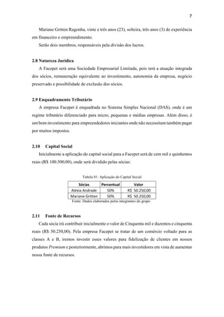 7
Mariane Gritten Ragonha, vinte e três anos (23), solteira, três anos (3) de experiência
em financeiro e empreendimento.
Serão dois membros, responsáveis pela divisão dos lucros.
2.8 Natureza Jurídica
A Facepet será uma Sociedade Empresarial Limitada, pois terá a atuação integrada
dos sócios, remuneração equivalente ao investimento, autonomia da empresa, negócio
preservado e possibilidade de exclusão dos sócios.
2.9 Enquadramento Tributário
A empresa Facepet é enquadrada no Sistema Simples Nacional (DAS), onde é um
regime tributário diferenciado para micro, pequenas e médias empresas. Além disso, é
um bom investimento para empreendedores iniciantes onde não necessitam também pagar
por muitos impostos.
2.10 Capital Social
Inicialmente a aplicação do capital social para a Facepet será de cem mil e quinhentos
reais (R$ 100.500,00), onde será dividido pelas sócias:
Tabela 01: Aplicação do Capital Social
Sócias Percentual Valor
Aléxia Andrade 50% R$ 50.250,00
Mariane Gritten 50% R$ 50.250,00
Fonte: Dados elaborados pelos integrantes do grupo
2.11 Fonte de Recursos
Cada sócia irá contribuir inicialmente o valor de Cinquenta mil e duzentos e cinquenta
reais (R$ 50.250,00). Pela empresa Facepet se tratar de um comércio voltado para as
classes A e B, iremos investir esses valores para fidelização de clientes em nossos
produtos Premium e posteriormente, abrimos para mais investidores em vista de aumentar
nossa fonte de recursos.
 