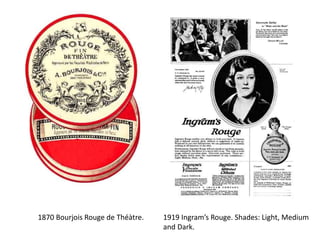 1870 Bourjois Rouge de Théàtre. 1919 Ingram’s Rouge. Shades: Light, Medium
and Dark.
 