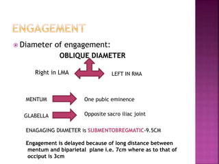  Diameter of engagement:
OBLIQUE DIAMETER
Right in LMA LEFT IN RMA
MENTUM One pubic eminence
GLABELLA Opposite sacro iliac joint
ENAGAGING DIAMETER is SUBMENTOBREGMATIC-9.5CM
Engagement is delayed because of long distance between
mentum and biparietal plane i.e. 7cm where as to that of
occiput is 3cm
 