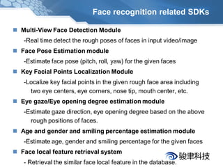 Face recognition related SDKs

 Multi-View Face Detection Module
   -Real time detect the rough poses of faces in input video/image
 Face Pose Estimation module
   -Estimate face pose (pitch, roll, yaw) for the given faces
 Key Facial Points Localization Module
   -Localize key facial points in the given rough face area including
     two eye centers, eye corners, nose tip, mouth center, etc.
 Eye gaze/Eye opening degree estimation module
   -Estimate gaze direction, eye opening degree based on the above
     rough positions of faces.
 Age and gender and smiling percentage estimation module
   -Estimate age, gender and smiling percentage for the given faces
 Face local feature retrieval system
   - Retrieval the similar face local feature in the database.
 