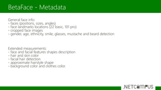 General face info:
- faces (positions, sizes, angles)
- face landmarks locations (22 basic, 101 pro)
- cropped face images
- gender, age, ethnicity, smile, glasses, mustache and beard detection
Extended measurements:
- face and facial features shapes description
- hair and skin color
- facial hair detection
- approximate hairstyle shape
- background color and clothes color.
BetaFace - Metadata
 
