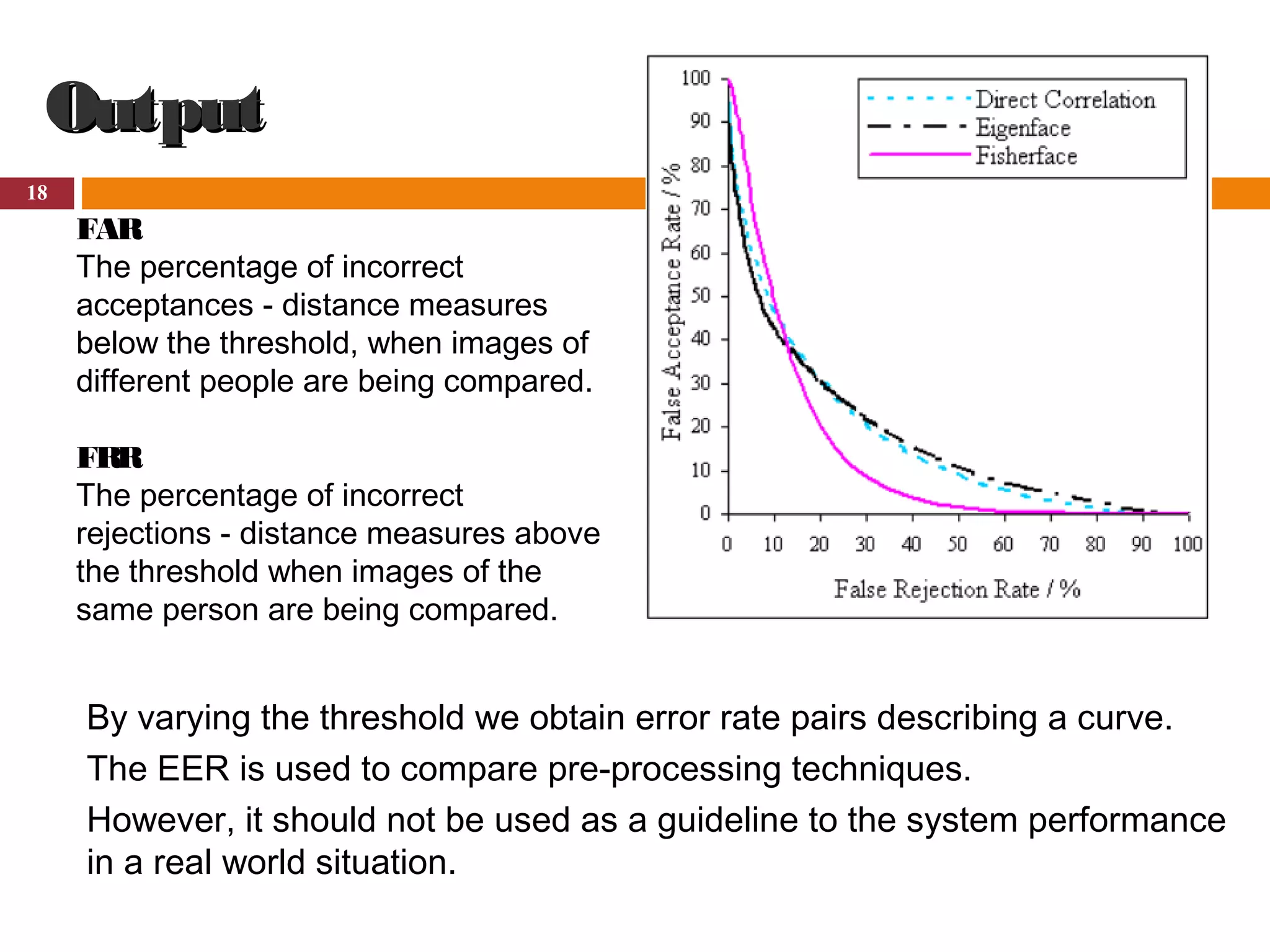 18
OutputOutput
FAR
The percentage of incorrect
acceptances - distance measures
below the threshold, when images of
different people are being compared.
FRR
The percentage of incorrect
rejections - distance measures above
the threshold when images of the
same person are being compared.
By varying the threshold we obtain error rate pairs describing a curve.
The EER is used to compare pre-processing techniques.
However, it should not be used as a guideline to the system performance
in a real world situation.
 