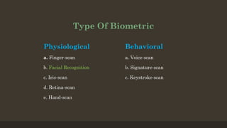 Type Of Biometric
Physiological
a. Finger-scan
b. Facial Recognition
c. Iris-scan
d. Retina-scan
e. Hand-scan
Behavioral
a. Voice-scan
b. Signature-scan
c. Keystroke-scan
 