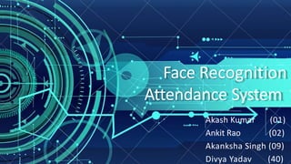 Face Recognition
Attendance System
Akash Kumar (01)
Ankit Rao (02)
Akanksha Singh (09)
Divya Yadav (40)
 
