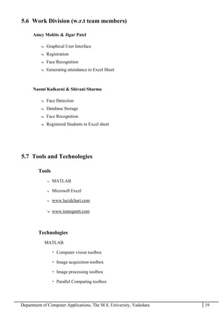 Department of Computer Applications, The M.S. University, Vadodara 19
5.6 Work Division (w.r.t team members)
Amey Mohite & Jigar Patel
¬ Graphical User Interface
¬ Registration
¬ Face Recognition
¬ Generating attendance in Excel Sheet
Naomi Kulkarni & Shivani Sharma
¬ Face Detection
¬ Database Storage
¬ Face Recognition
¬ Registered Students in Excel sheet
5.7 Tools and Technologies
Tools
¬ MATLAB
¬ Microsoft Excel
¬ www.lucidchart.com
¬ www.teamgantt.com
Technologies
MATLAB
 Computer vision toolbox
 Image acquisition toolbox
 Image processing toolbox
 Parallel Computing toolbox
 