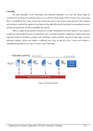 Department of Computer Applications, The M.S. University, Vadodara 33
Cascading
The basic principle of the Viola-Jones face detection algorithm is to scan the whole image by
consecutively increasing the scanning window size so that the whole image will be covered. Even in an image
there is a probability that it may contain one or more faces due to an excessive large amount of the evaluated
sub-windows would still be negatives (non-faces).So the algorithm should concentrate on discarding non-faces
quickly and spend more on time on probable face regions.
Hence a single strong classifier formed out of linear combination of all best features is not a good to
evaluate on each window because of computation cost. A cascade classifier is composed of stages where each
stage has certain no of features grouped each containing a strong classifier. The job of each stage is used to
determine whether a given sub window is definitely not a face or may be a face. A given sub window is
immediately discarded as not a face if it fails in any of the stage.
Figure 15 Cascade Classifier
 