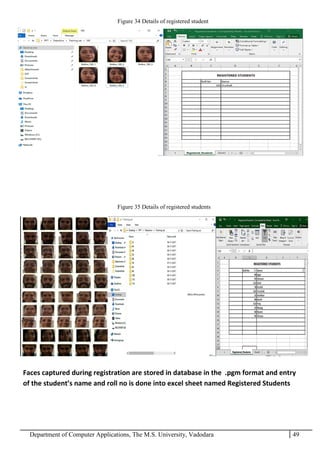 Department of Computer Applications, The M.S. University, Vadodara 49
Figure 34 Details of registered student
Figure 35 Details of registered students
Faces captured during registration are stored in database in the .pgm format and entry
of the student’s name and roll no is done into excel sheet named Registered Students
 