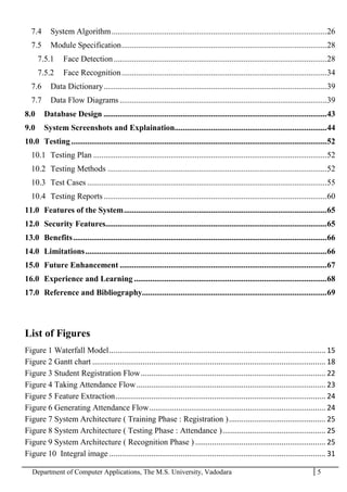 Department of Computer Applications, The M.S. University, Vadodara 5
7.4 System Algorithm..........................................................................................................26
7.5 Module Specification.....................................................................................................28
7.5.1 Face Detection.........................................................................................................28
7.5.2 Face Recognition.....................................................................................................34
7.6 Data Dictionary..............................................................................................................39
7.7 Data Flow Diagrams ......................................................................................................39
8.0 Database Design ..............................................................................................................43
9.0 System Screenshots and Explaination...........................................................................44
10.0 Testing..............................................................................................................................52
10.1 Testing Plan ...................................................................................................................52
10.2 Testing Methods ............................................................................................................52
10.3 Test Cases ......................................................................................................................55
10.4 Testing Reports..............................................................................................................60
11.0 Features of the System....................................................................................................65
12.0 Security Features.............................................................................................................65
13.0 Benefits.............................................................................................................................66
14.0 Limitations.......................................................................................................................66
15.0 Future Enhancement ......................................................................................................67
16.0 Experience and Learning ...............................................................................................68
17.0 Reference and Bibliography...........................................................................................69
List of Figures
Figure 1 Waterfall Model....................................................................................................... 15
Figure 2 Gantt chart ............................................................................................................... 18
Figure 3 Student Registration Flow........................................................................................ 22
Figure 4 Taking Attendance Flow.......................................................................................... 23
Figure 5 Feature Extraction.................................................................................................... 24
Figure 6 Generating Attendance Flow.................................................................................... 24
Figure 7 System Architecture ( Training Phase : Registration ).............................................. 25
Figure 8 System Architecture ( Testing Phase : Attendance )................................................. 25
Figure 9 System Architecture ( Recognition Phase ) .............................................................. 25
Figure 10 Integral image ....................................................................................................... 31
 