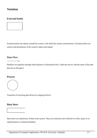 Department of Computer Applications, The M.S. University, Vadodara 7
Notation
External Entity
External entities are objects outside the system, with which the system communicates. External entities are
sources and destinations of the system's inputs and outputs
Data Flow
Dataflow are pipelines through which packets of information flow. Label the arrows with the name of the data
that moves through it.
Process
Transform of incoming data flow(s) to outgoing flow(s).
Data Store
Data stores are repositories of data in the system. They are sometimes also referred to as files, queue or as
sophisticated as a relational database
 