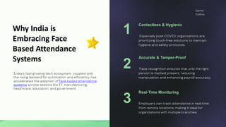 Why India is
Embracing Face
Based Attendance
Systems
1
India's fast-growing tech ecosystem, coupled with
the rising demand for automation and efficiency, has
accelerated the adoption of face based attendance
systems across sectors like IT, manufacturing,
healthcare, education, and government.
2
3
Especially post-COVID, organizations are
prioritizing touch-free solutions to maintain
hygiene and safety protocols.
Jamie
Collins
Contactless & Hygienic
Face recognition ensures that only the right
person is marked present, reducing
manipulation and enhancing payroll accuracy.
Accurate & Tamper-Proof
Employers can track attendance in real-time
from remote locations, making it ideal for
organizations with multiple branches.
Real-Time Monitoring
 