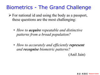 For national id and using the body as a passport, these questions are the most challenging: How to  acquire  repeatable and distinctive patterns from a broad population? How to accurately and efficiently  represent  and  recognise  biometric patterns? (Anil Jain) Biometrics - The Grand Challenge 