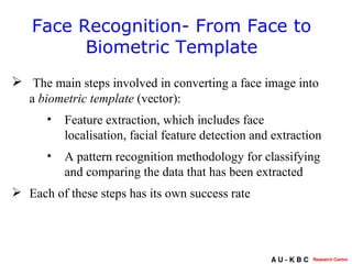 Face Recognition- From Face to Biometric Template The main steps involved in converting a face image into a  biometric template  (vector): Feature extraction, which includes face localisation, facial feature detection and extraction  A pattern recognition methodology for classifying and comparing the data that has been extracted Each of these steps has its own success rate 