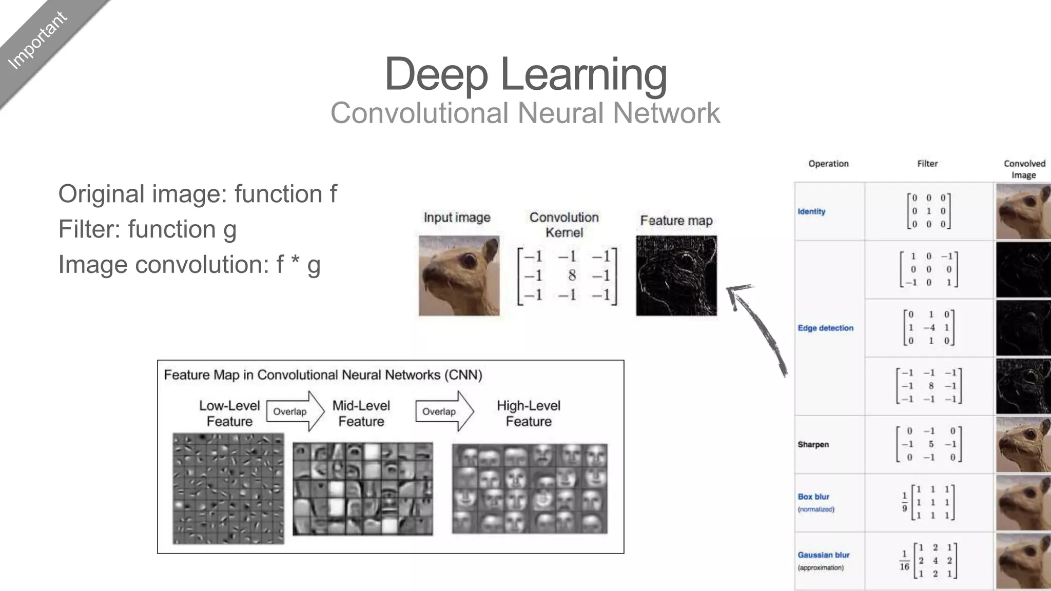 Deep Learning
Convolutional Neural Network
Original image: function f
Filter: function g
Image convolution: f * g
 