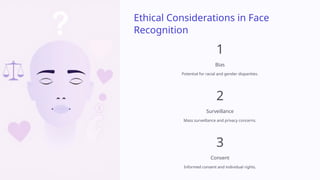 Ethical Considerations in Face
Recognition
1
Bias
Potential for racial and gender disparities.
2
Surveillance
Mass surveillance and privacy concerns.
3
Consent
Informed consent and individual rights.
 