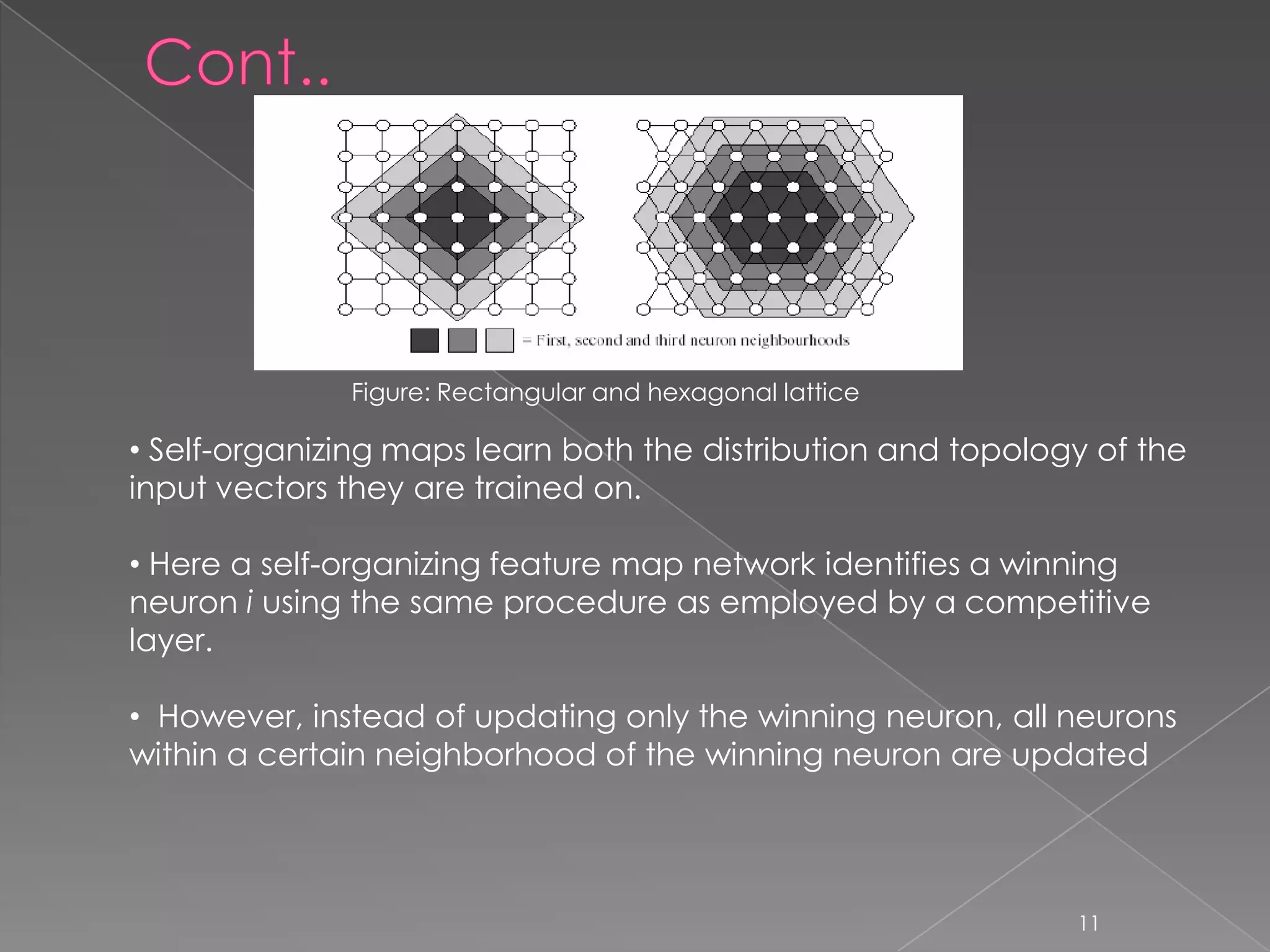 Figure: Rectangular and hexagonal lattice

• Self-organizing maps learn both the distribution and topology of the
input vectors they are trained on.

• Here a self-organizing feature map network identifies a winning
neuron i using the same procedure as employed by a competitive
layer.

• However, instead of updating only the winning neuron, all neurons
within a certain neighborhood of the winning neuron are updated




                                                              11
 