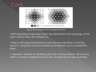 Figure: Rectangular and hexagonal lattice

• Self-organizing maps learn both the distribution and topology of the
input vectors they are trained on.

• Here a self-organizing feature map network identifies a winning
neuron i using the same procedure as employed by a competitive
layer.

• However, instead of updating only the winning neuron, all neurons
within a certain neighborhood of the winning neuron are updated




                                                              11
 
