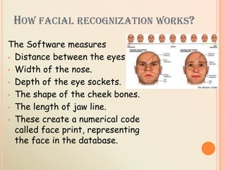 HOW FACIAL RECOGNIZATION WORKS?
The Software measures
• Distance between the eyes
• Width of the nose.
• Depth of the eye sockets.
• The shape of the cheek bones.
• The length of jaw line.
• These create a numerical code
called face print, representing
the face in the database.
 