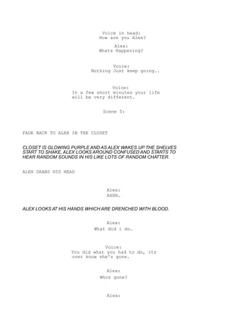 Voice in head:
How are you Alex?
Alex:
Whats Happening?
Voice:
Nothing Just keep going..
Voice:
In a few short minutes your life
will be very different.
Scene 5:
FADE BACK TO ALEX IN THE CLOSET
CLOSET IS GLOWING PURPLE AND AS ALEX WAKES UP THE SHELVES
START TO SHAKE, ALEX LOOKS AROUND CONFUSED AND STARTS TO
HEAR RANDOM SOUNDS IN HIS LIKE LOTS OF RANDOM CHATTER.
ALEX GRABS HIS HEAD
Alex:
AHHH.
ALEX LOOKS AT HIS HANDS WHICH ARE DRENCHED WITH BLOOD.
Alex:
What did i do…
Voice:
You did what you had to do, its
over know she's gone.
Alex:
Whos gone?
Alex:
 