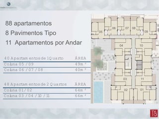 88 apartamentos
8 Pavimentos Tipo
11 Apartamentos por Andar
40 Apartam entosde 1Q uarto ÁREA
Coluna 05 /09 49m ²
Coluna 06 /07 /08 40m ²
48 Apartam entosde 2 Q uartos ÁREA
Coluna 01/02 64m ²
Coluna 03 /04 /10 /11 66m ²
05
06 07 08
09
10
11
0102
03
04
 