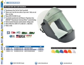 8 
TRUE COLOR GREY ARC FLASH FACESHIELD 
Revolutionary Grey Tint Arc Flash Faceshield 
Allows you to see the true colors of your work - Reds are red. 
Blues are blue. 
Meets NFPA 70E HRC2 (8 cal) 
Faceshield manufactured with Oberon’s Proprietary Grey 
ARCBLOXTM Polycarbonate featuring XLRaesTM nanotechnology 
Deluxe Scratch Resistant coated outside, Antifog inside 
Meets NFPA 70E, ASTM F2178, ANSI Z87.1, ANSI Z89.1 
Made in USA 
MFG # DESCRIPTION CONFIGURATION UPC 
21AGR8AF-C+500 TCG ARCSHIELD (ATPV 8 CAL) WHITE RATCHET HARDCAP 731406345234 
21AGR8AF-CC+500 TCG ARCSHIELD (ATPV 8 CAL) WHITE CSA Z94.1 RATCHET HARDCAP 731406347504 
21AGR8AF-A5+500 TCG ARCSHIELD (ATPV 8 CAL) ADAPTER FOR OBERON HARDCAP 731406347511 
Contact Oberon Customer Service for other Hard Cap options & colors 
800-322-3348 (USA & Canada) safety@oberonsafety.com www.oberonsafety.com 
(2# 
NFPA 70E CSA 
Z462 
Z87.1 Face 
ANSI 
Eye and FaCE 
Z89.1 HArd Cap 
ANSI 
Hard NAFTA Qualifying Product 
ASTM 
F 2178 
Product Certification 
 