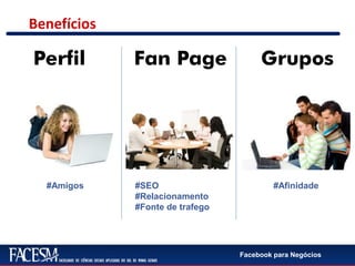 Facebook para Negócios
Benefícios
Perfil Fan Page Grupos
#Amigos #SEO
#Relacionamento
#Fonte de trafego
#Afinidade
 