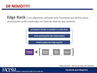 Facebook para Negócios
DE NOVO!!!!!
Edge Rank é um algoritmo utilizado pelo Facebook que define quais
atualizações serão mostradas no Feed de notícias dos usuários.
Market Sentinel – Gaining and Edge with EdgeRank
 