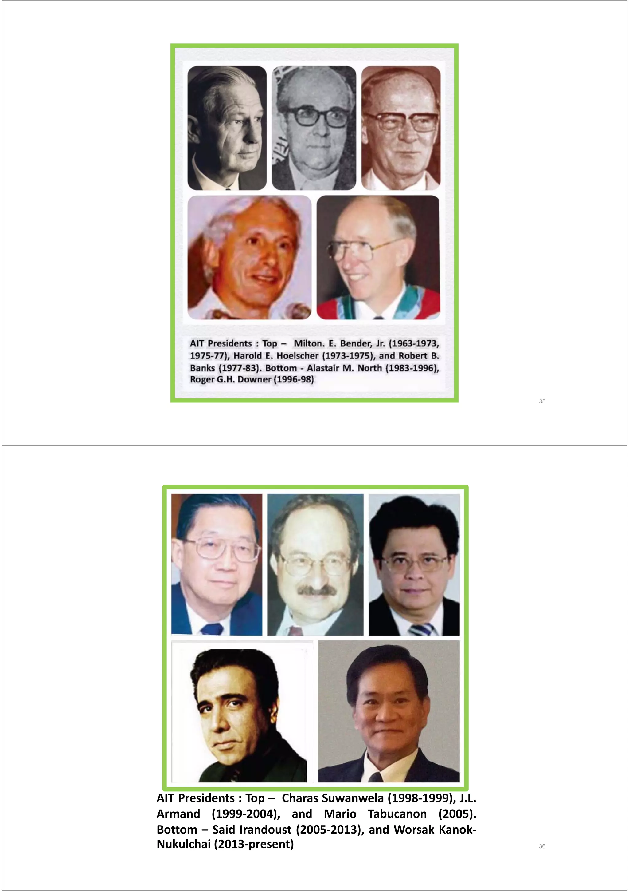 35
AIT Presidents : Top – Charas Suwanwela (1998‐1999), J.L.
Armand (1999‐2004), and Mario Tabucanon (2005).
Bottom – Said Irandoust (2005‐2013), and Worsak Kanok‐
Nukulchai (2013‐present) 36
 
