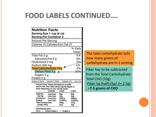 FOOD LABELS CONTINUED….
Fiber has to be subtracted
from the Total Carbohydrate
Total CHO (10g)
-Fiber 5g (half) (5g/ 2= 2.5g)
=7.5 grams of CHO
The total carbohydrate tells
how many grams of
carbohydrate are in 1 serving
 